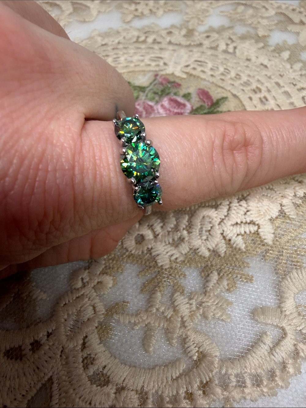 Russian Green Moissanite 2 CTW Three Stone S925 Ring Sz 8 GRA Certified